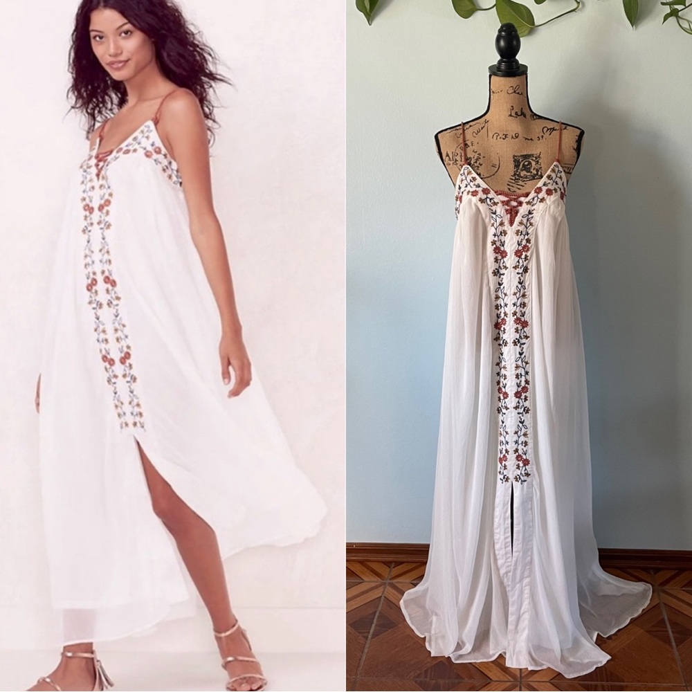 Embroidered Floral Boho Gauze Maxi Dress Size Small